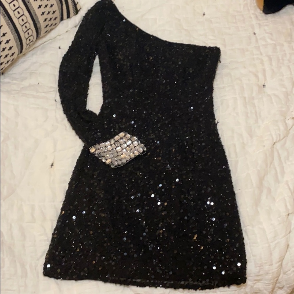 Short Black Beaded One Shoulder Formal Dress